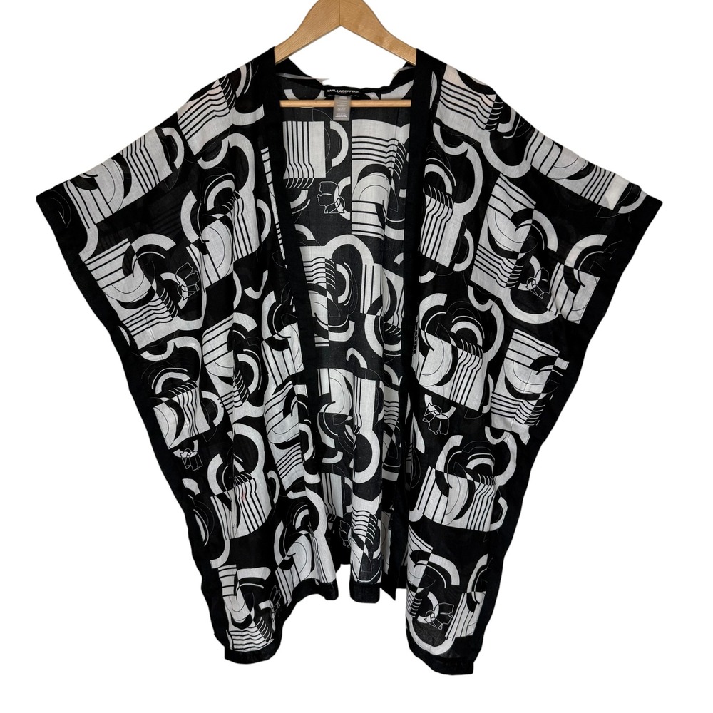 Karl Lagerfeld Paris Kimono Wrap Black White Geometric Silhouette OS Kaftan